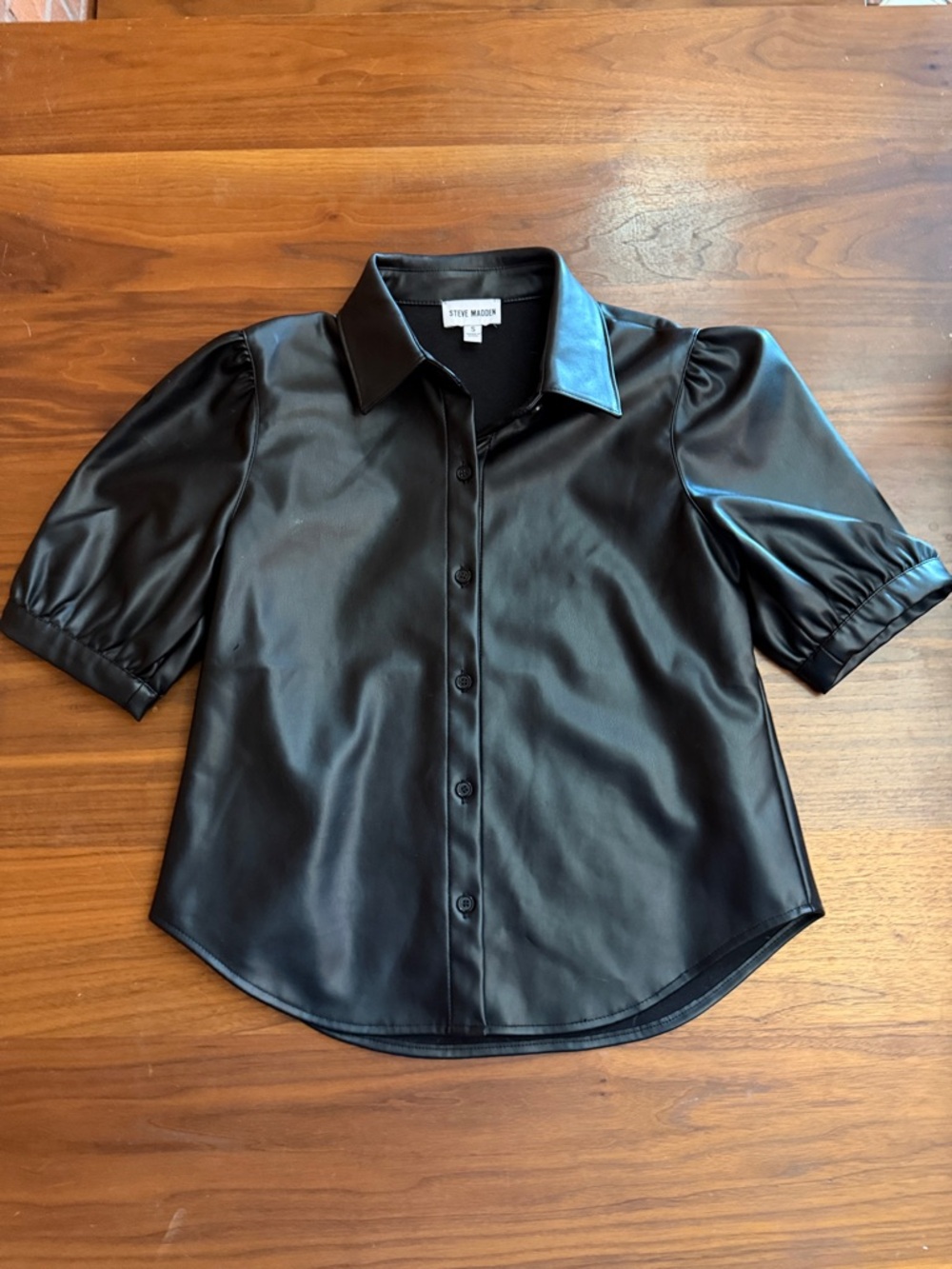 Steve Madden Black Faux Leather Puff Sleeve Button-Front Top - Picture 4 of 6